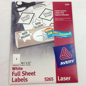 Avery Laser #5265 White Full Sheet Labels 25 Sheets 8 1/2" x 11"